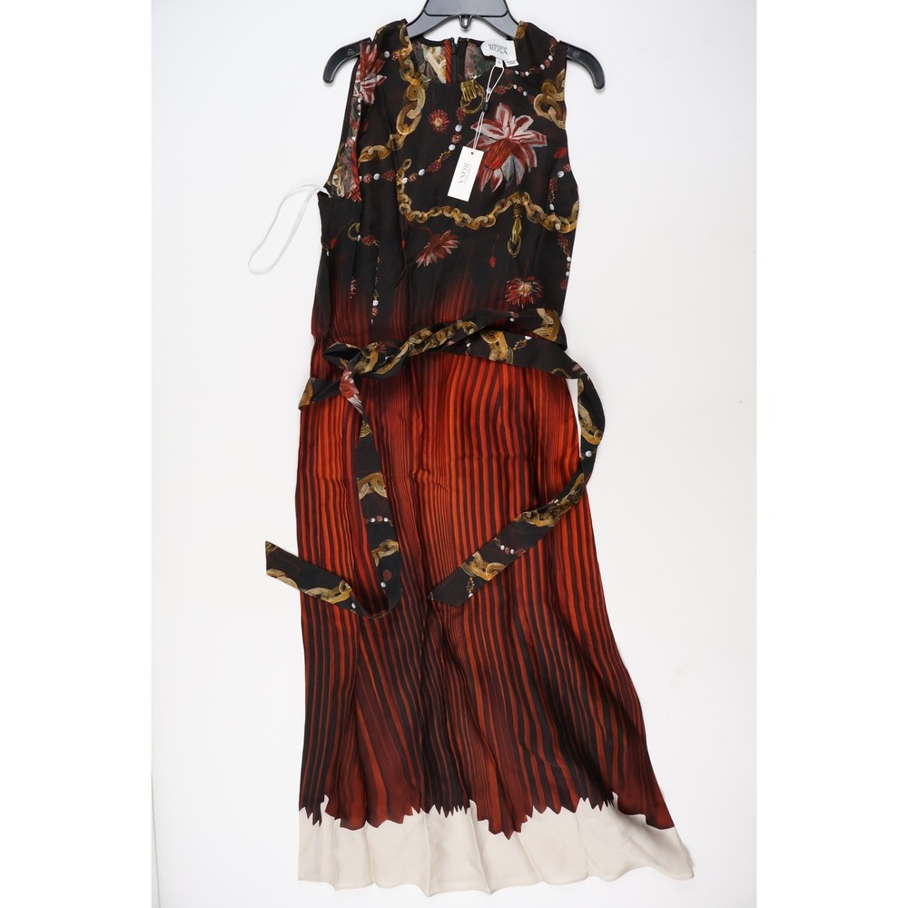Marchesa Rosa Pleated Midi Dress Chain Floral Print Rust Black Size 2 NWT